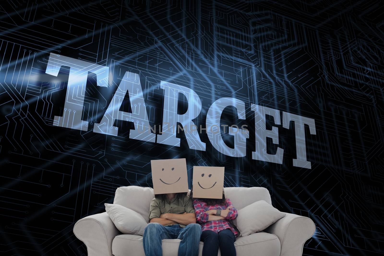 The word target and silly employees with arms folded wearing boxes on their heads against futuristic black and blue background
