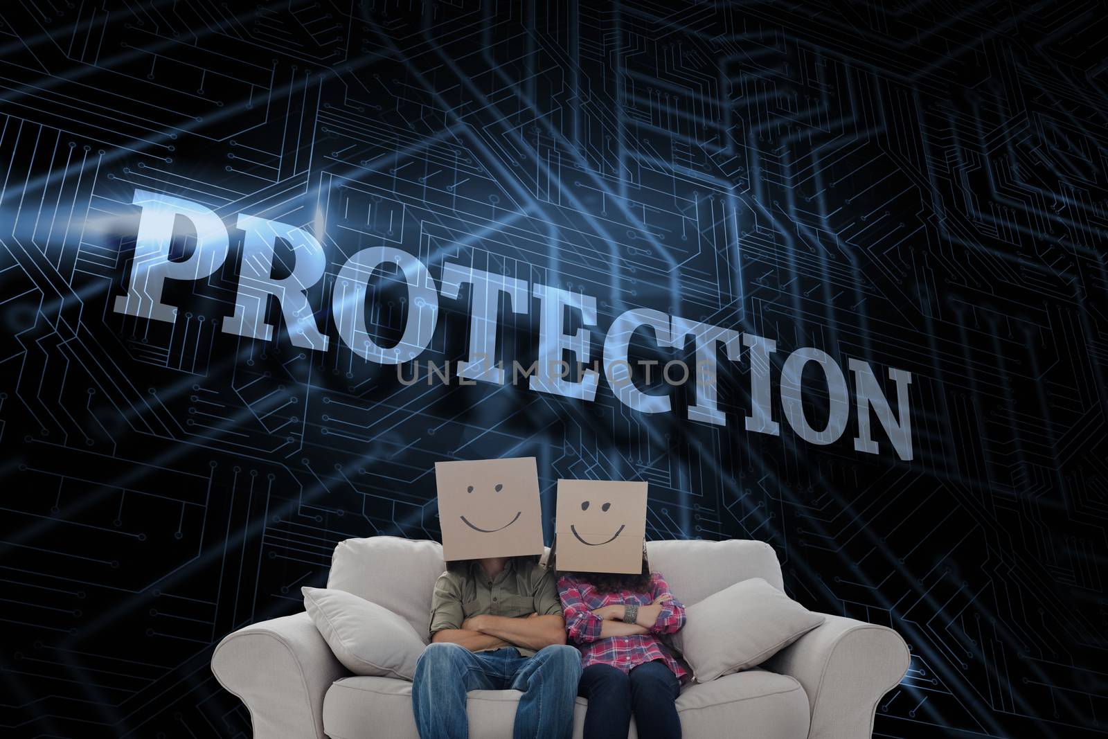 The word protection and silly employees with arms folded wearing boxes on their heads against futuristic black and blue background