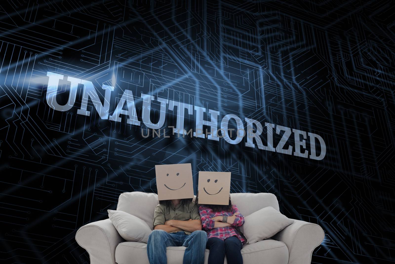 The word unauthorized and silly employees with arms folded wearing boxes on their heads against futuristic black and blue background