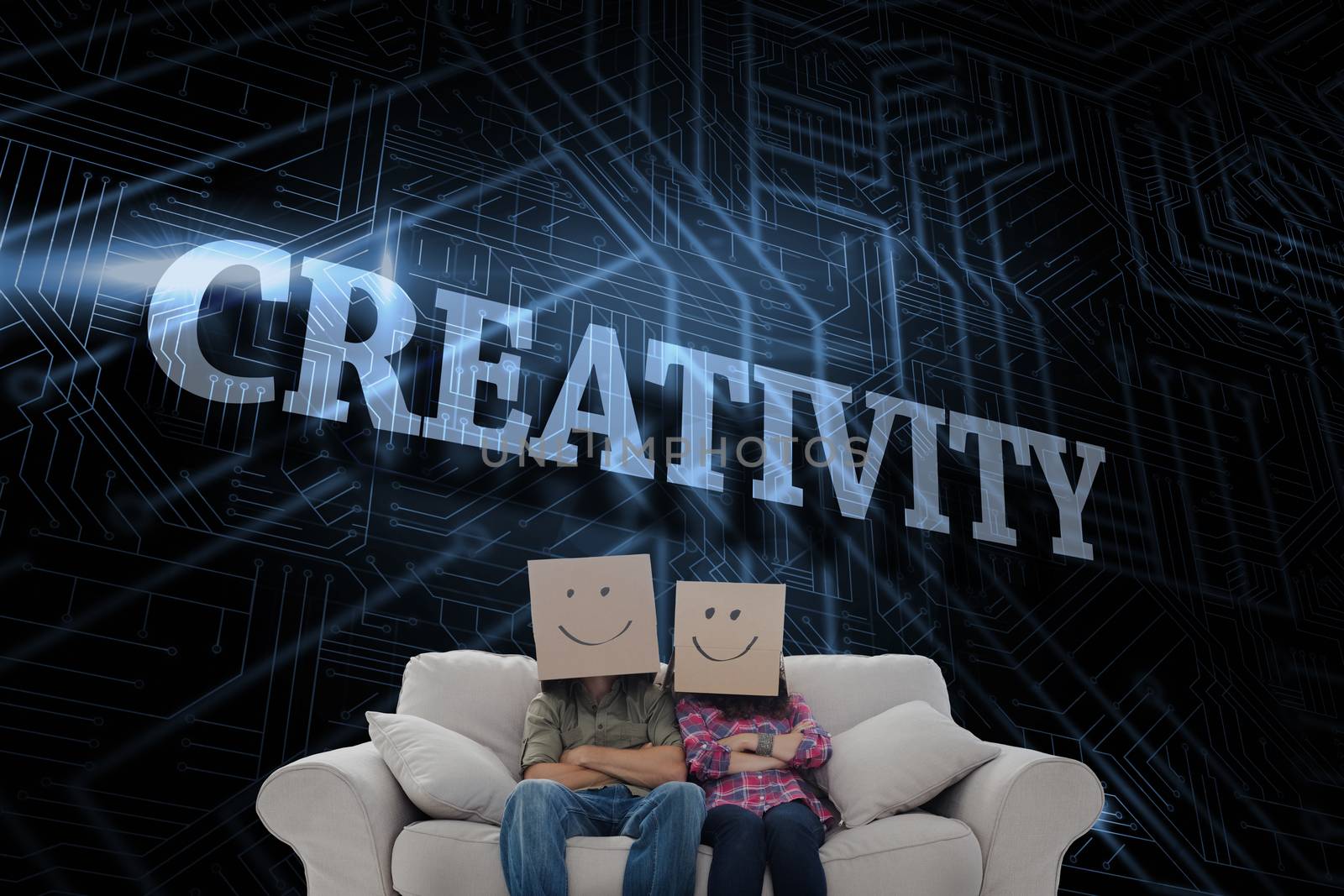 The word creativity and silly employees with arms folded wearing boxes on their heads against futuristic black and blue background