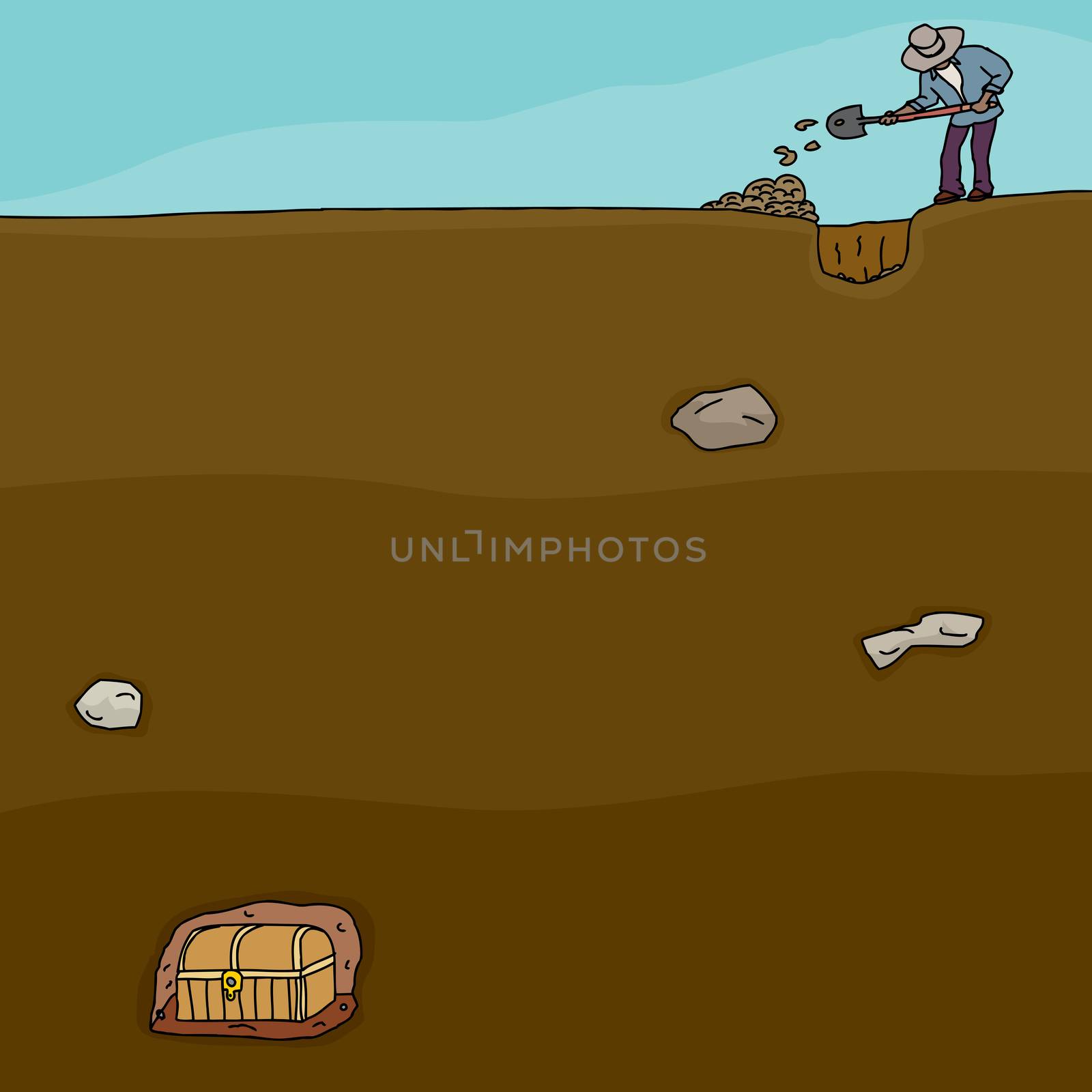 Cartoon of man digging for buried treasure chest