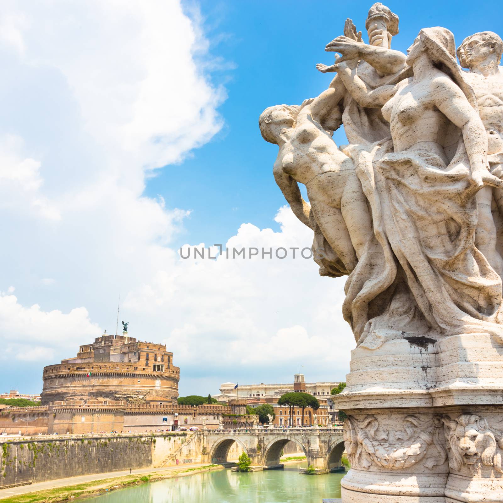 Tiber river and Sant Angelo Castle and Bridge in Rome, Italia.