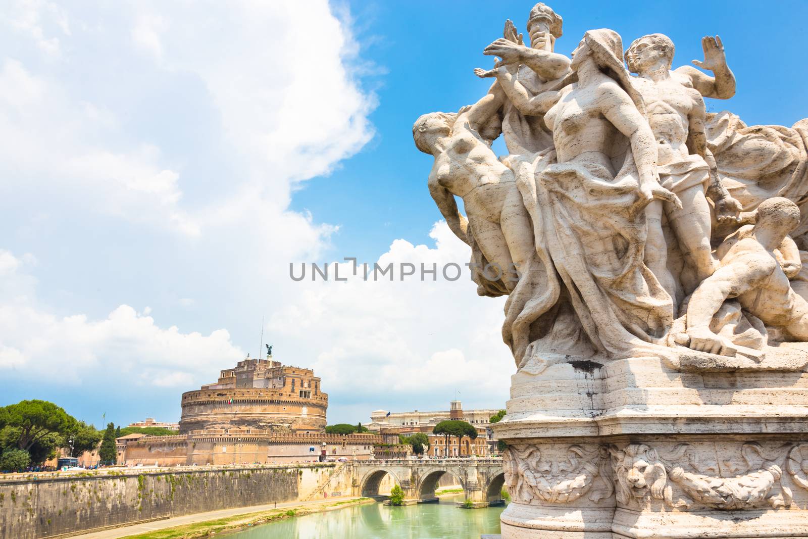 Tiber river and Sant Angelo Castle and Bridge in Rome, Italia.