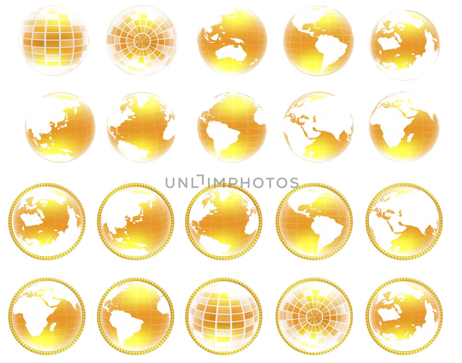 Set of yellow 3d globe icon with highlights on a white background