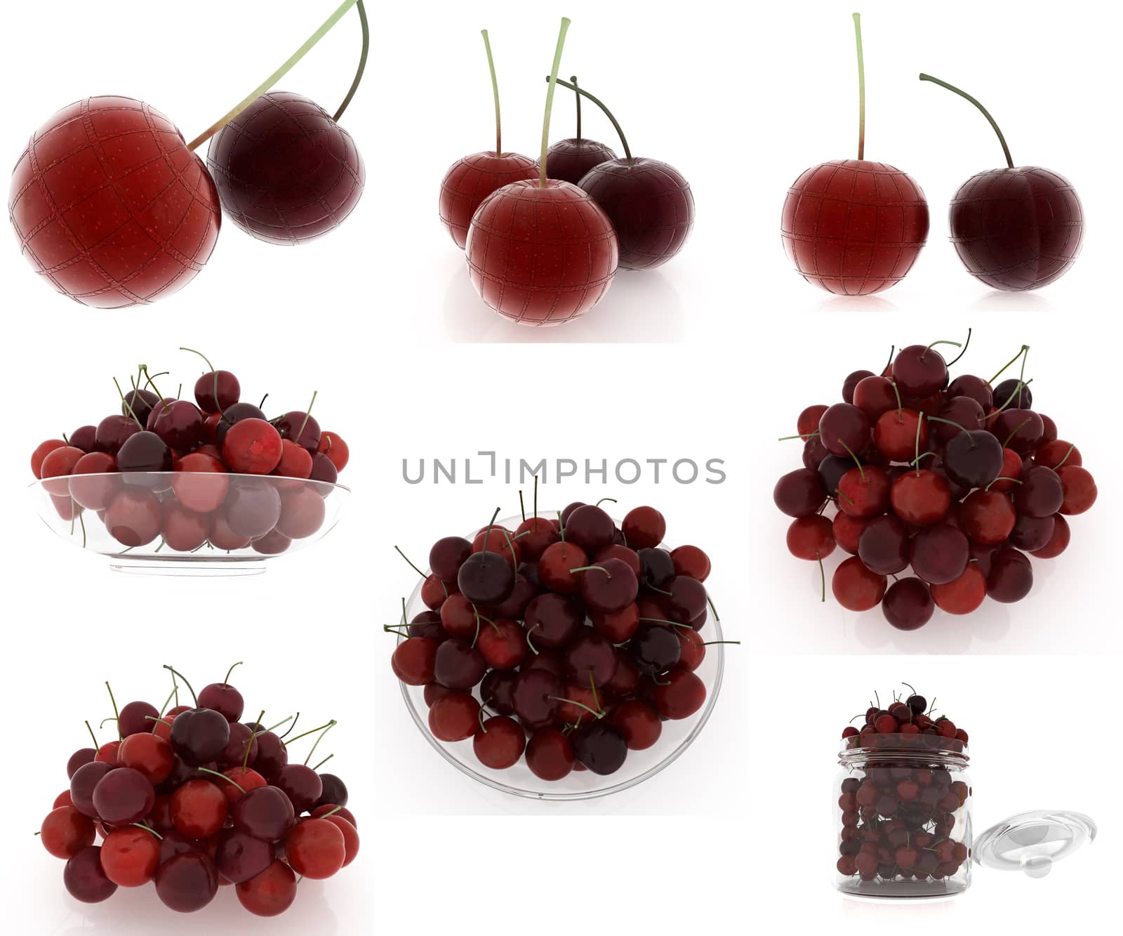 Set of fresh cherries on a white 