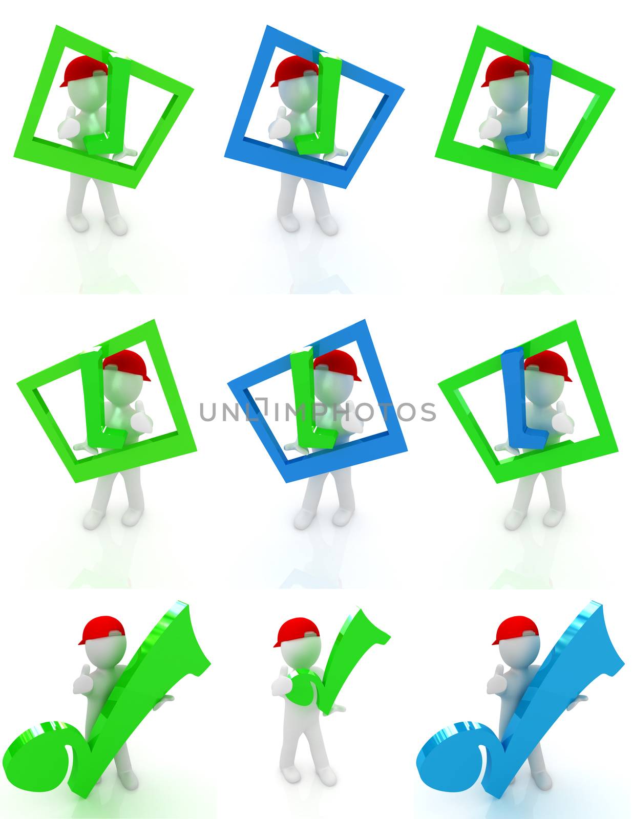 Set of 3d man in a red peaked cap with thumb up and a huge tick on a white background