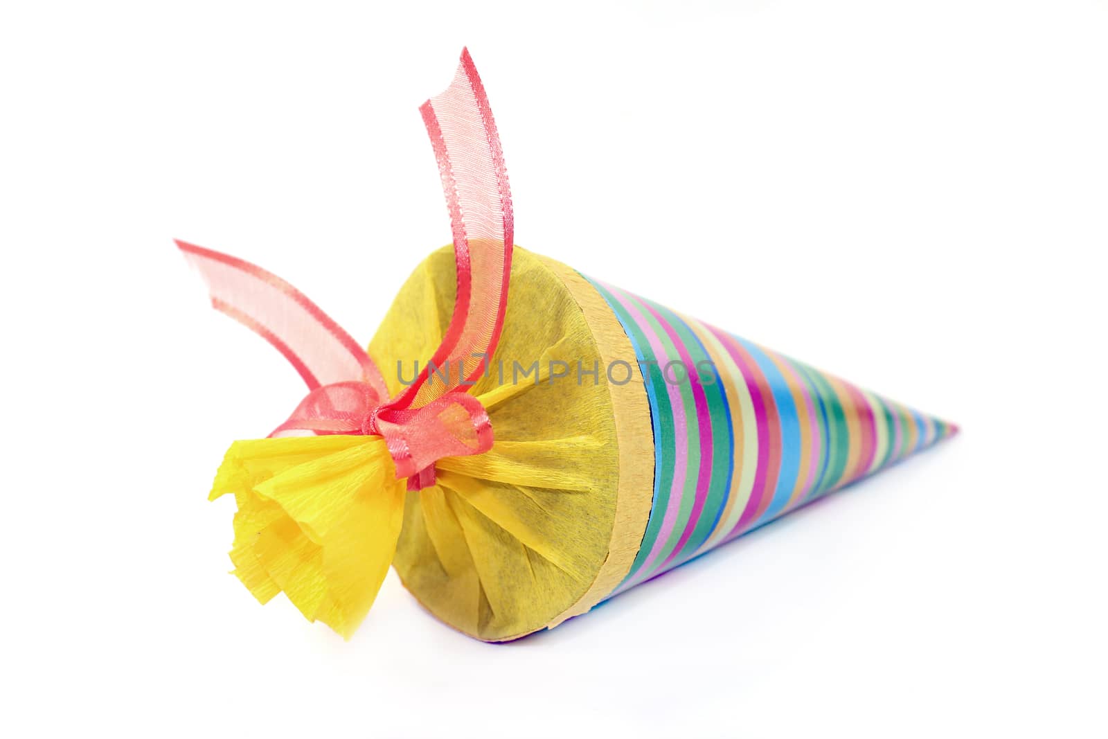 a colorful school cone in front of white background