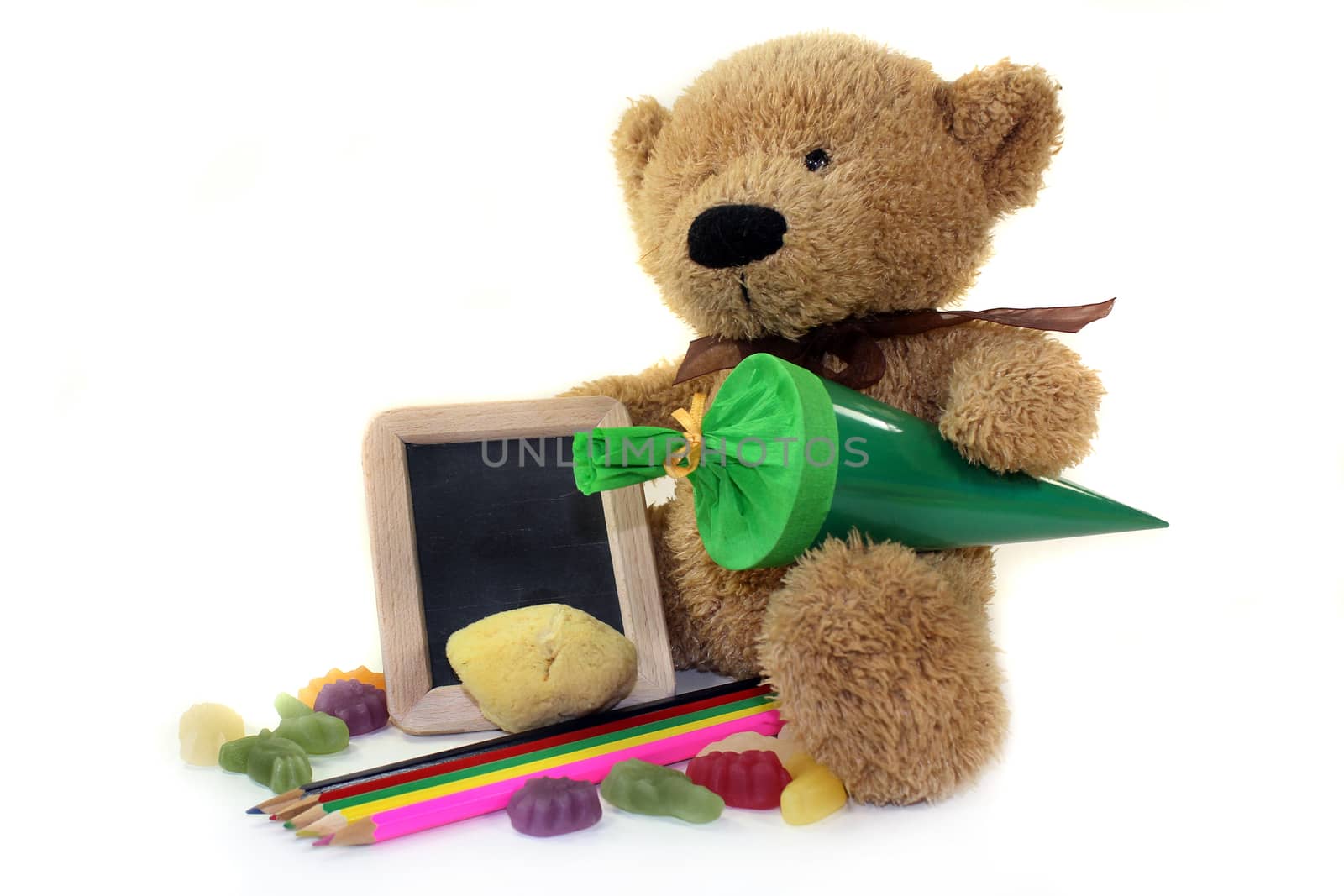 Teddy with school cone and blackboard