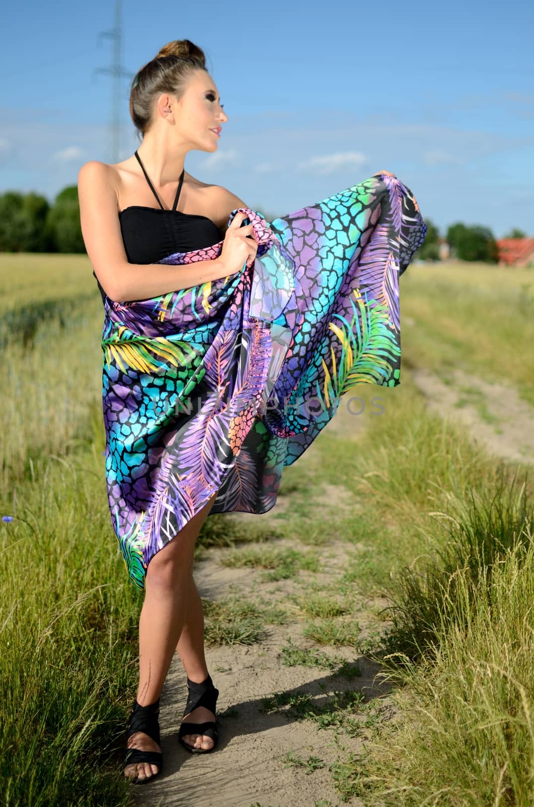 Young female model spins around. Charming girl from Poland, dynamic photo with colorful dress. Green fields and blue sky as background.