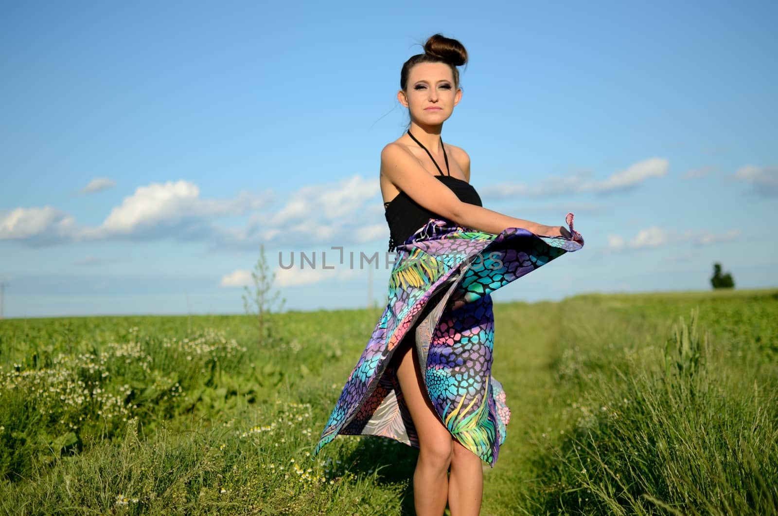 Young female model spins around. Charming girl from Poland, dynamic photo with colorful dress. Green fields and blue sky as background.