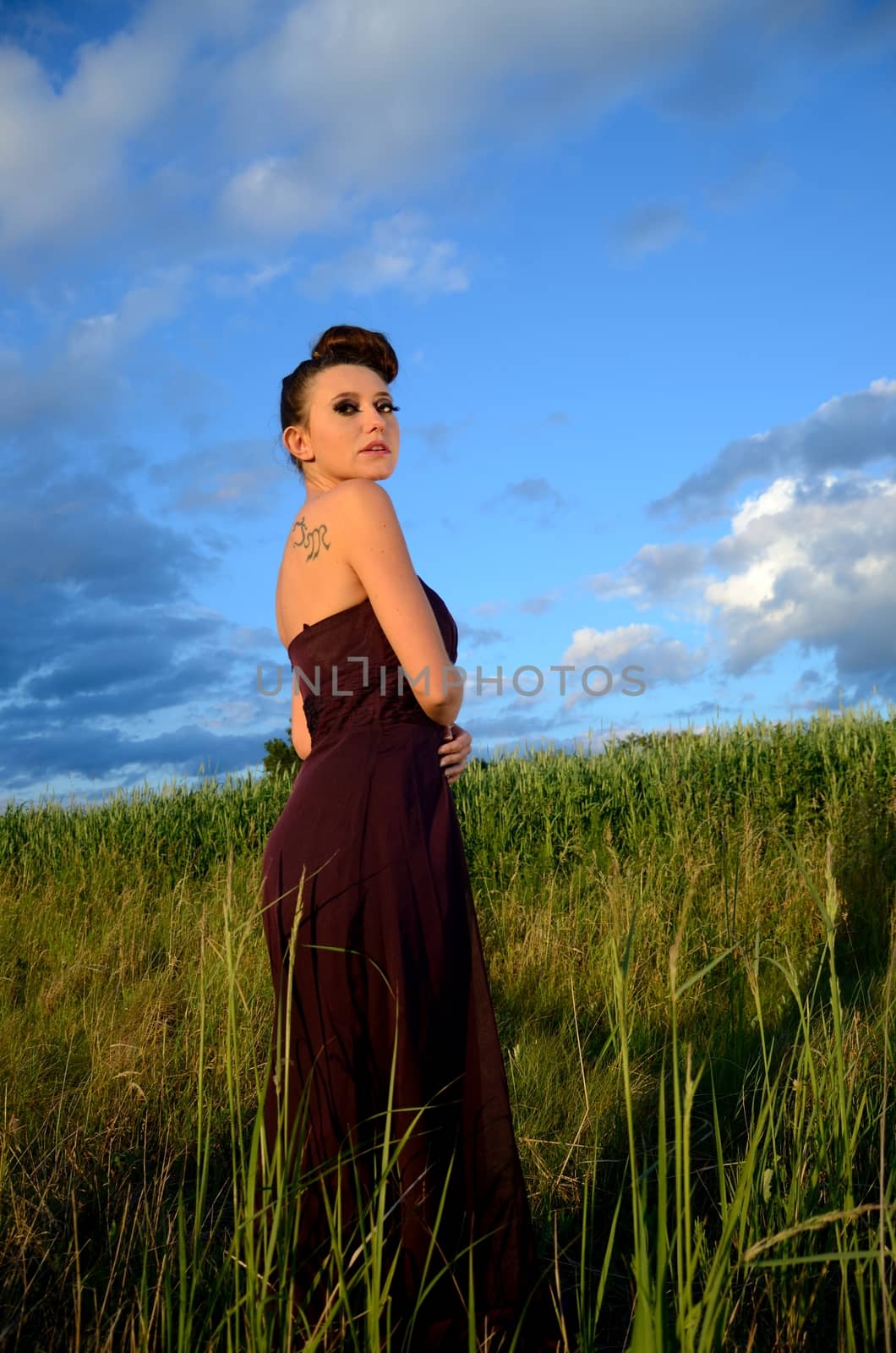 Beautiful girl from Poland, outdoor portrait. Young female model posing with different hands gesture. Blue sky with single clouds and green fields as background.