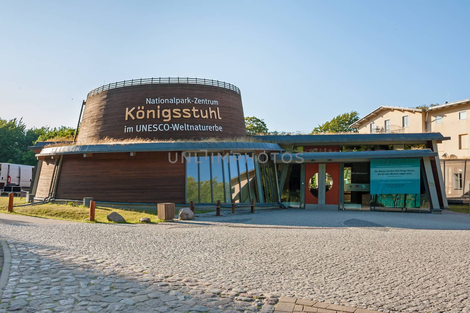 Sassnitz, Germany - June 22, 2012: Nation park center Koenigsstuhl, entrance building with one of famous sights of the island of Ruegen, the chalk rock Koenigsstuhl.