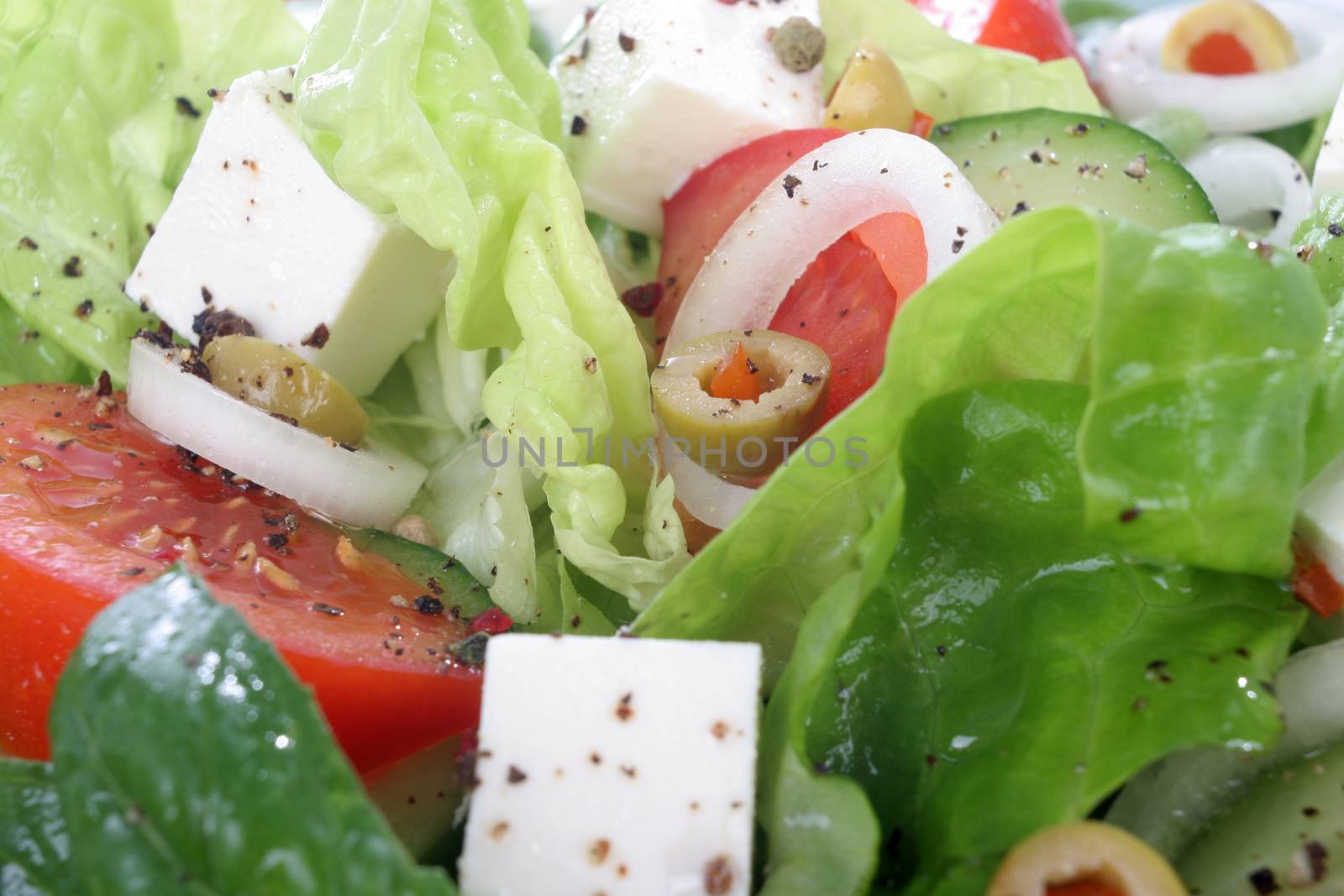 Salad with lettuce, tomato, cucumber, onion, olives clearing sauce.