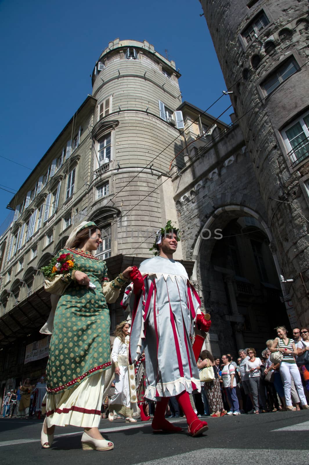 GENOA, ITALY - 8 JUNE 2014 - Unidentified people during the historical parade of the Maritime Republics Palio