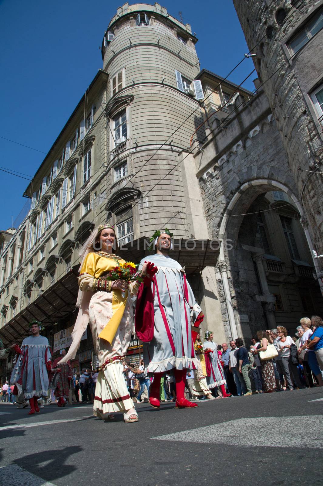 GENOA, ITALY - 8 JUNE 2014 - Unidentified people during the historical parade of the Maritime Republics Palio