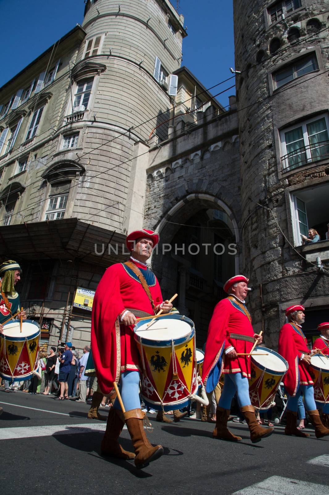 GENOA, ITALY - 8 JUNE 2014 - Unidentified people during the historical parade of the Maritime Republics Palio