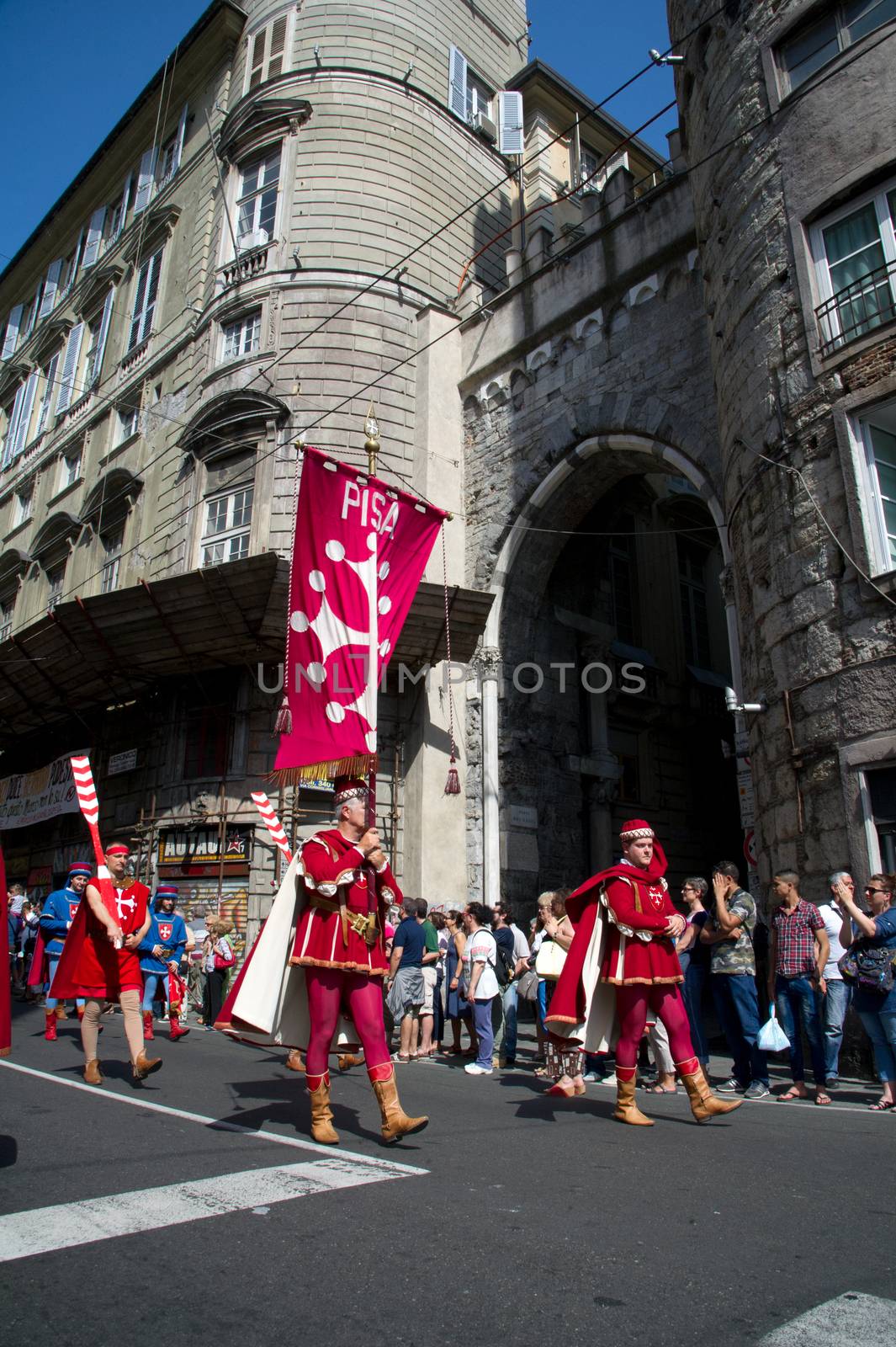 GENOA, ITALY - 8 JUNE 2014 - Unidentified people during the historical parade of the Maritime Republics Palio