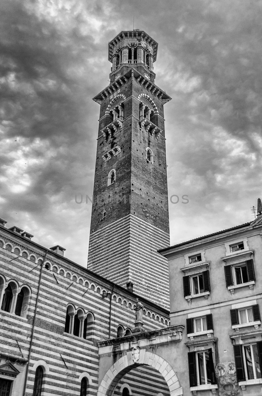 Lamberti Tower at the Palazzo della Ragione, in Piazza Signori in Verona, Italy