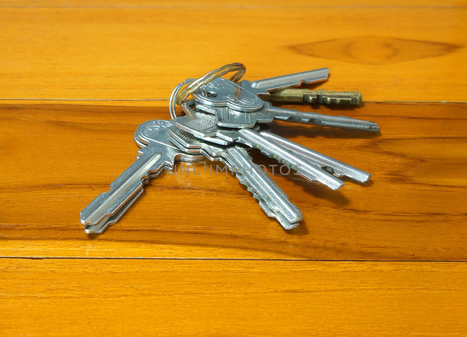 Several key inserted in the same bunch placed on a wooden table.                             