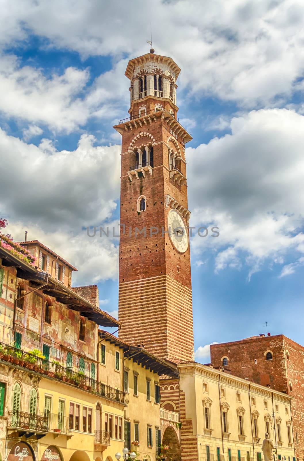 Lamberti Tower at the Palazzo della Ragione, in Piazza Signori in Verona, Italy