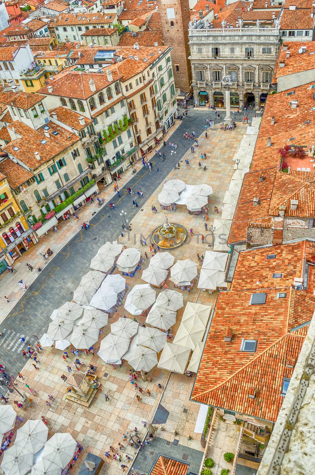 VERONA, ITALY-CIRCA JUNE 2014: Piazza delle Erbe Verona, Italy, circa June 2014. One of the most popular square in Verona, it's still used as market square nowadays