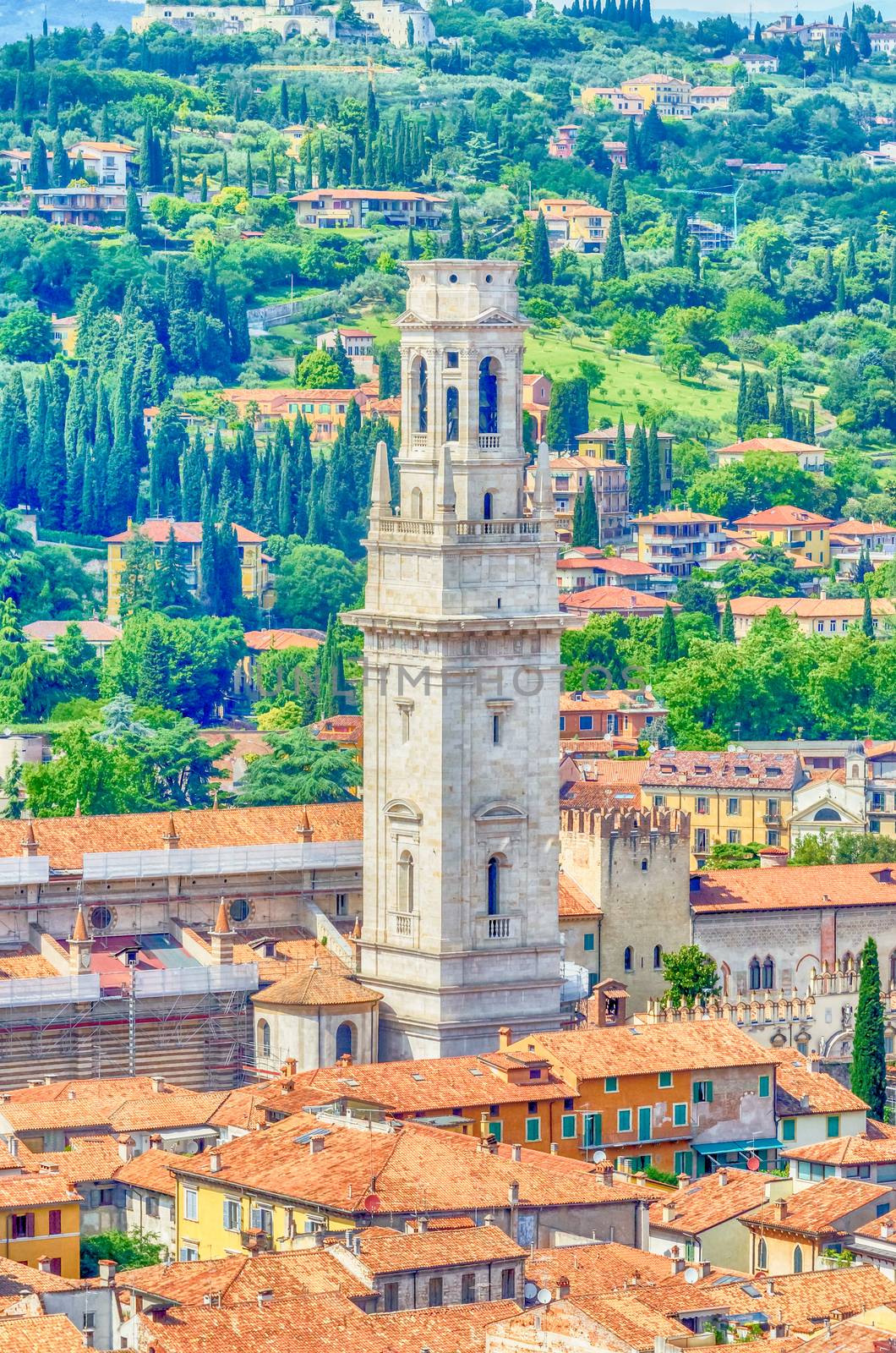 Tower of Verona Cathedral, aerial view, Italy