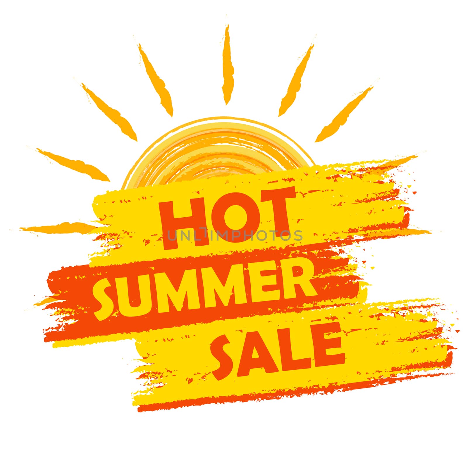 hot summer sale banner - text in yellow and orange drawn label with sun symbol, business seasonal shopping concept