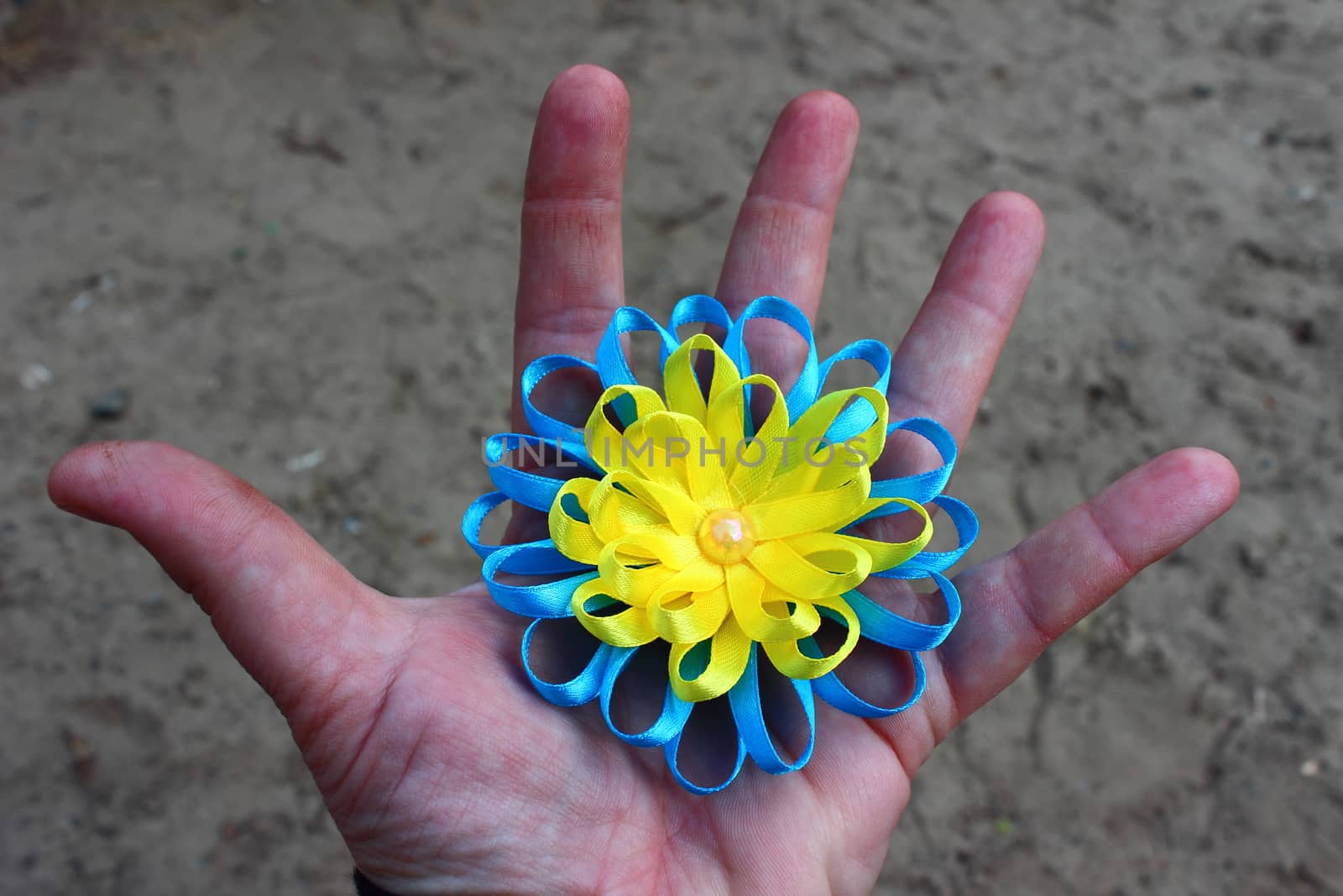 In his hand is an open flower, made ??of blue and yellow
