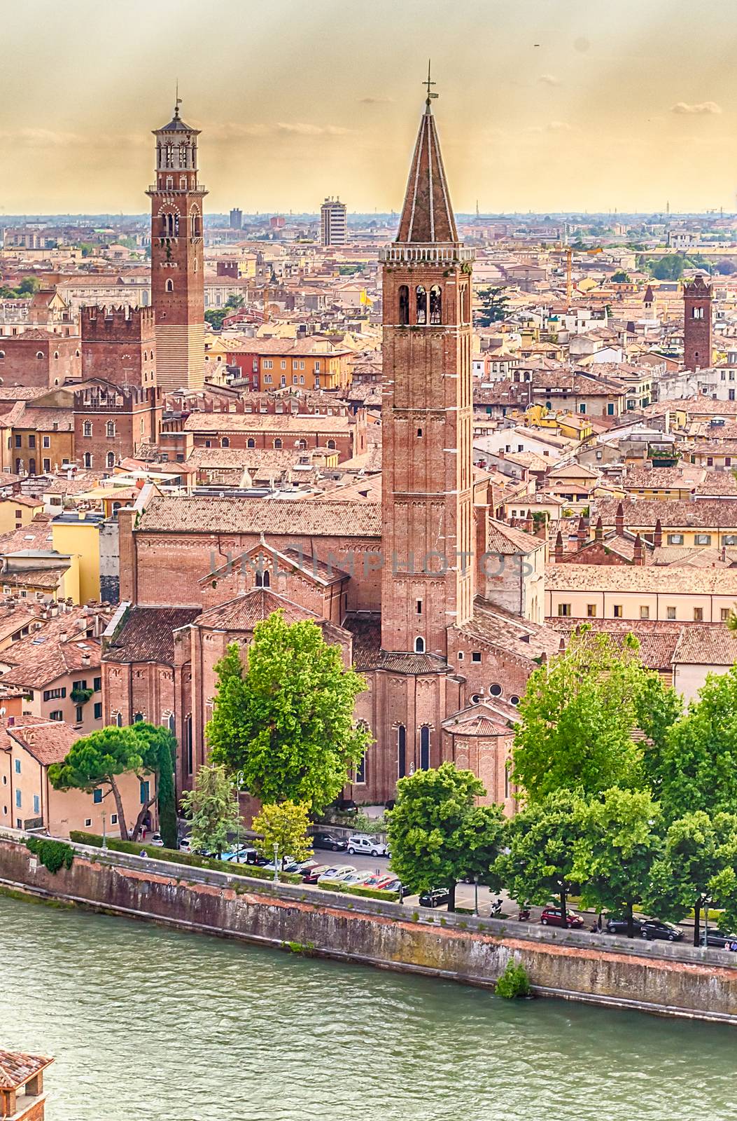 Sant' Anastasia Church and Lamberti Tower, aerial view over Adige River, Verona