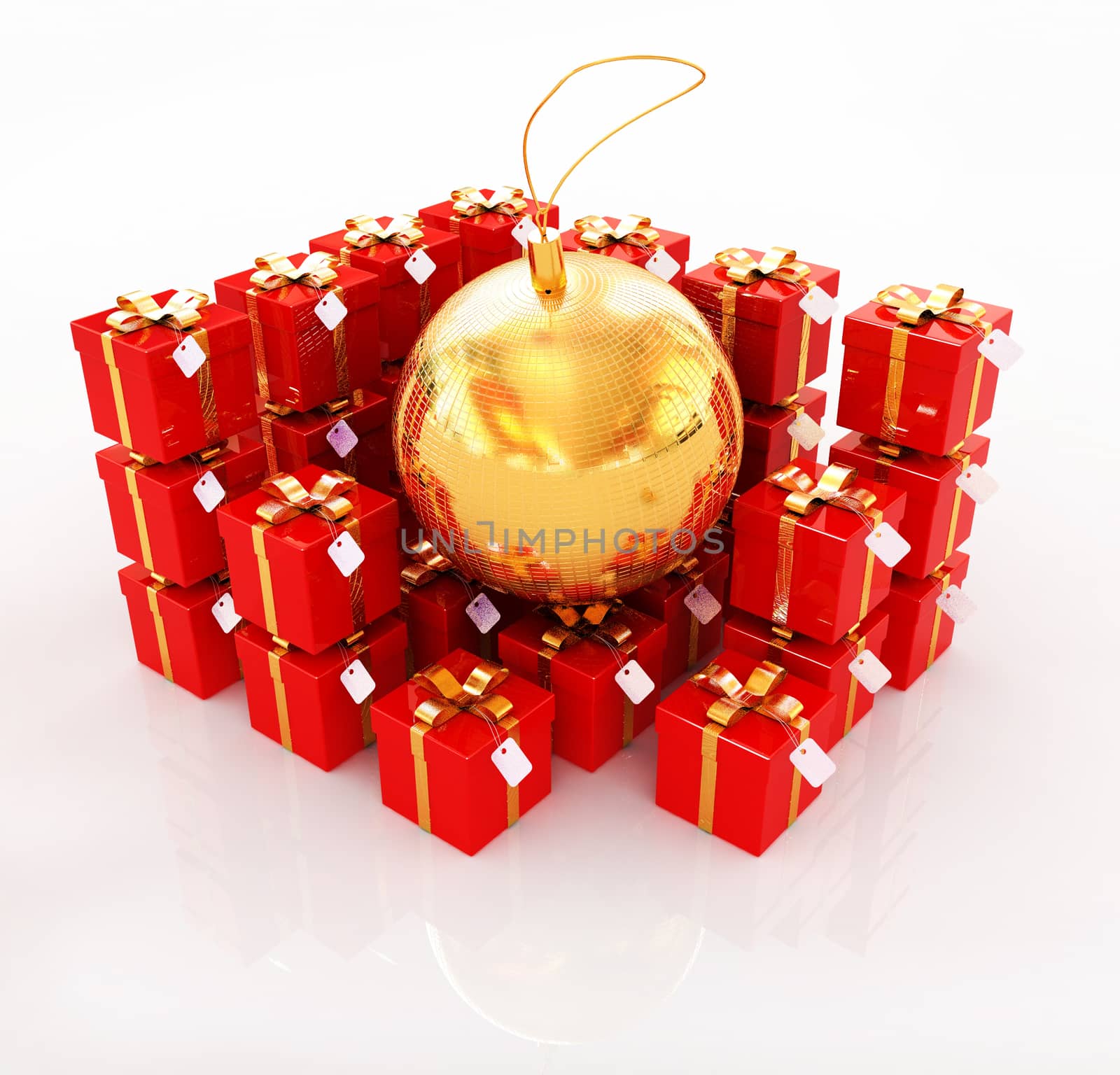 Bright christmas gifts and toy on a white background