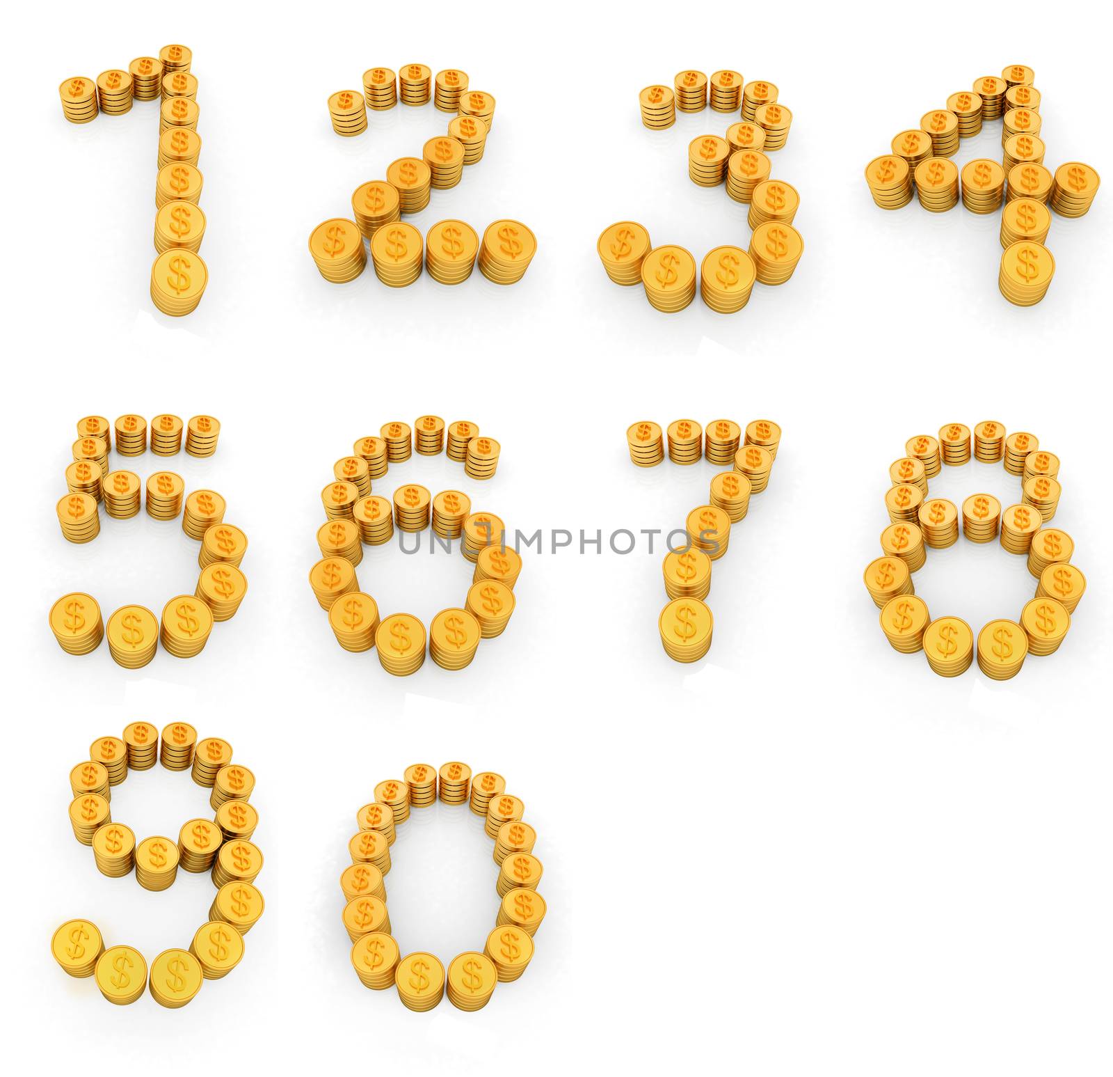 Set of the numbers 1,2,3,4,5,6,7,8,9,0 of gold coins with dollar sign on a white background