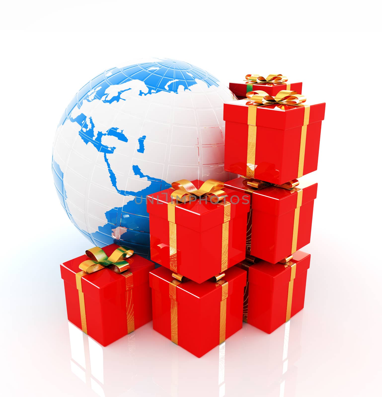 Traditional Christmas gifts and earth on a white background. Global holiday concept 