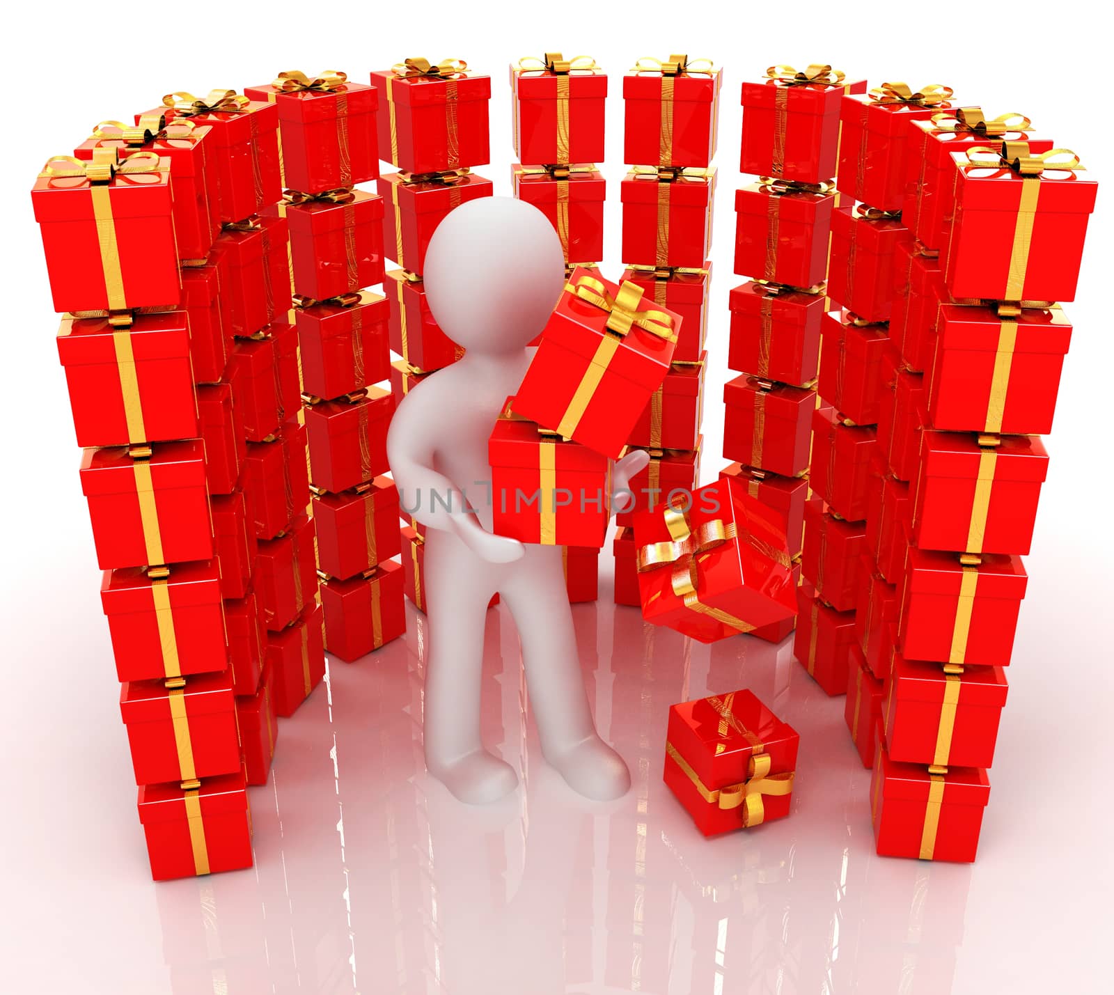 3d man and red gifts with gold ribbon on a white background