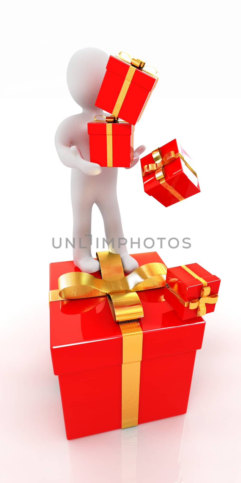 3d man and red gifts with gold ribbon on a white background