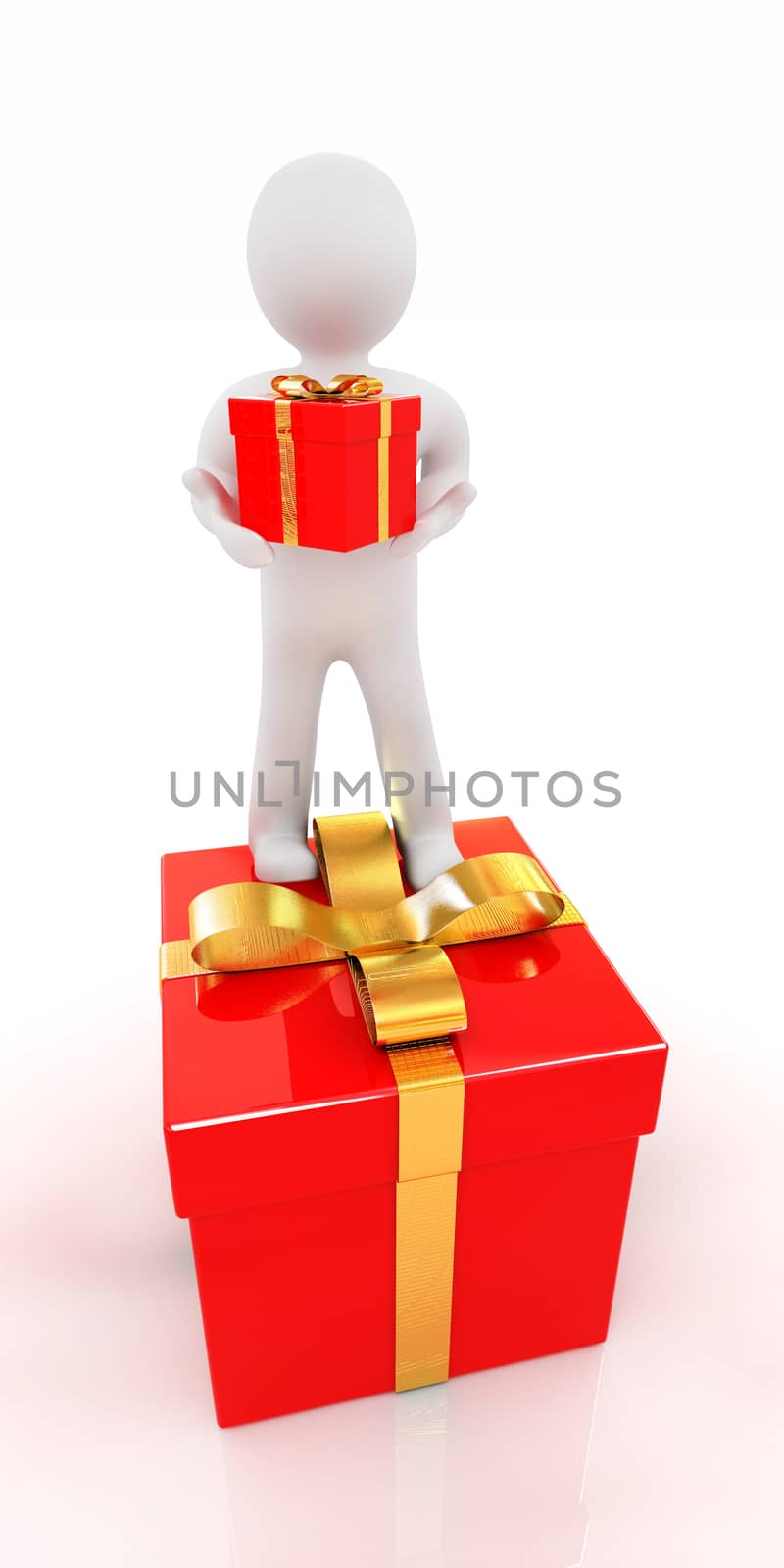 3d man and red gifts with gold ribbon on a white background