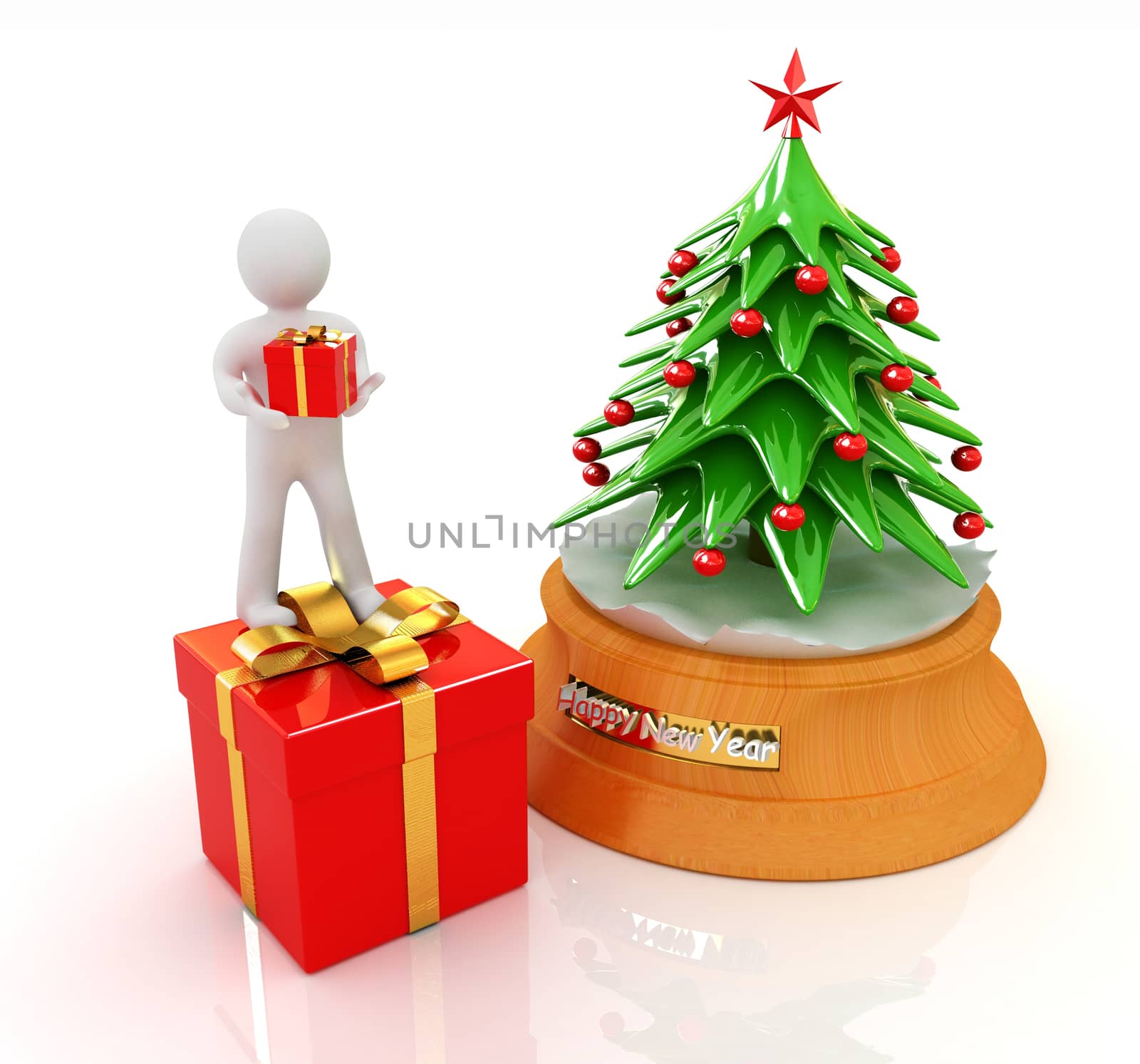 3D human, gift and Christmas tree on a white background