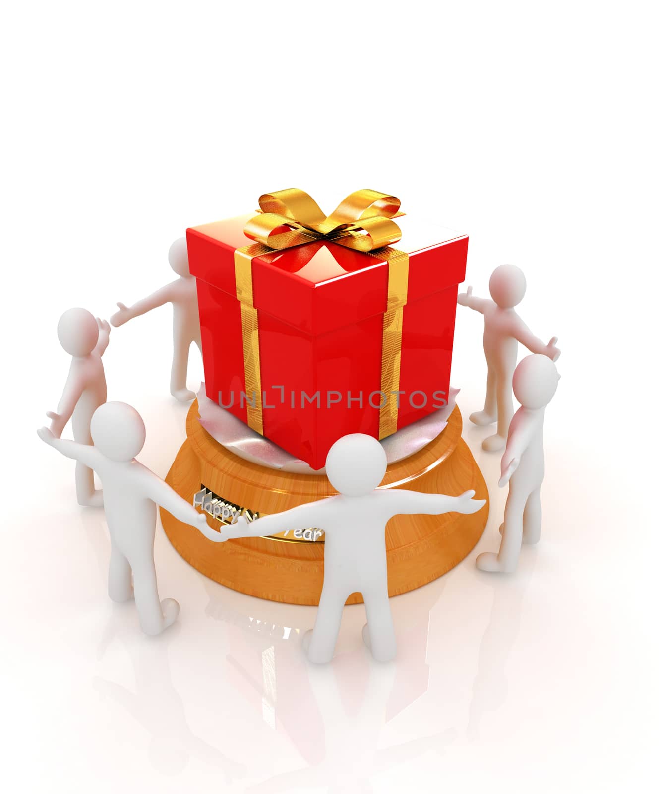 3d man around red gift with gold ribbon on a white background 