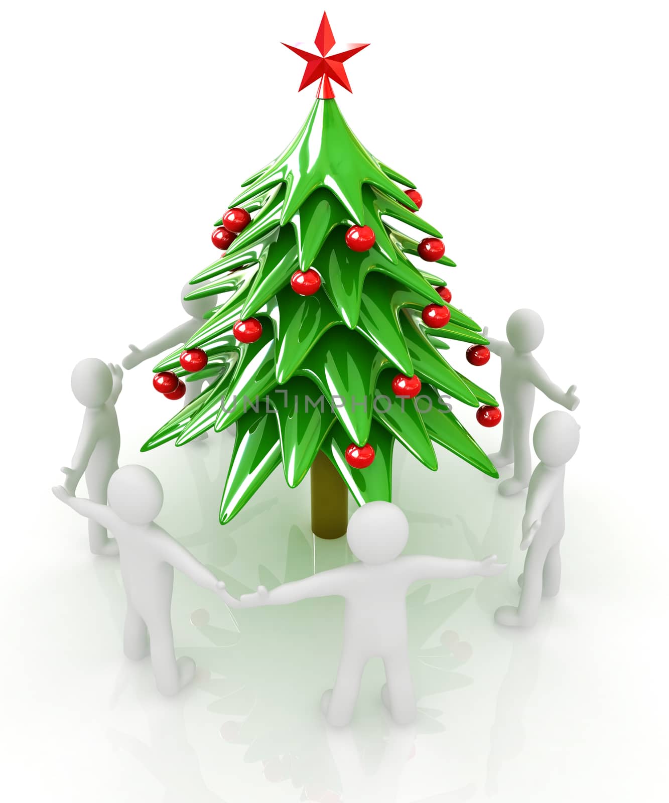 3D human around Christmas tree on a white background