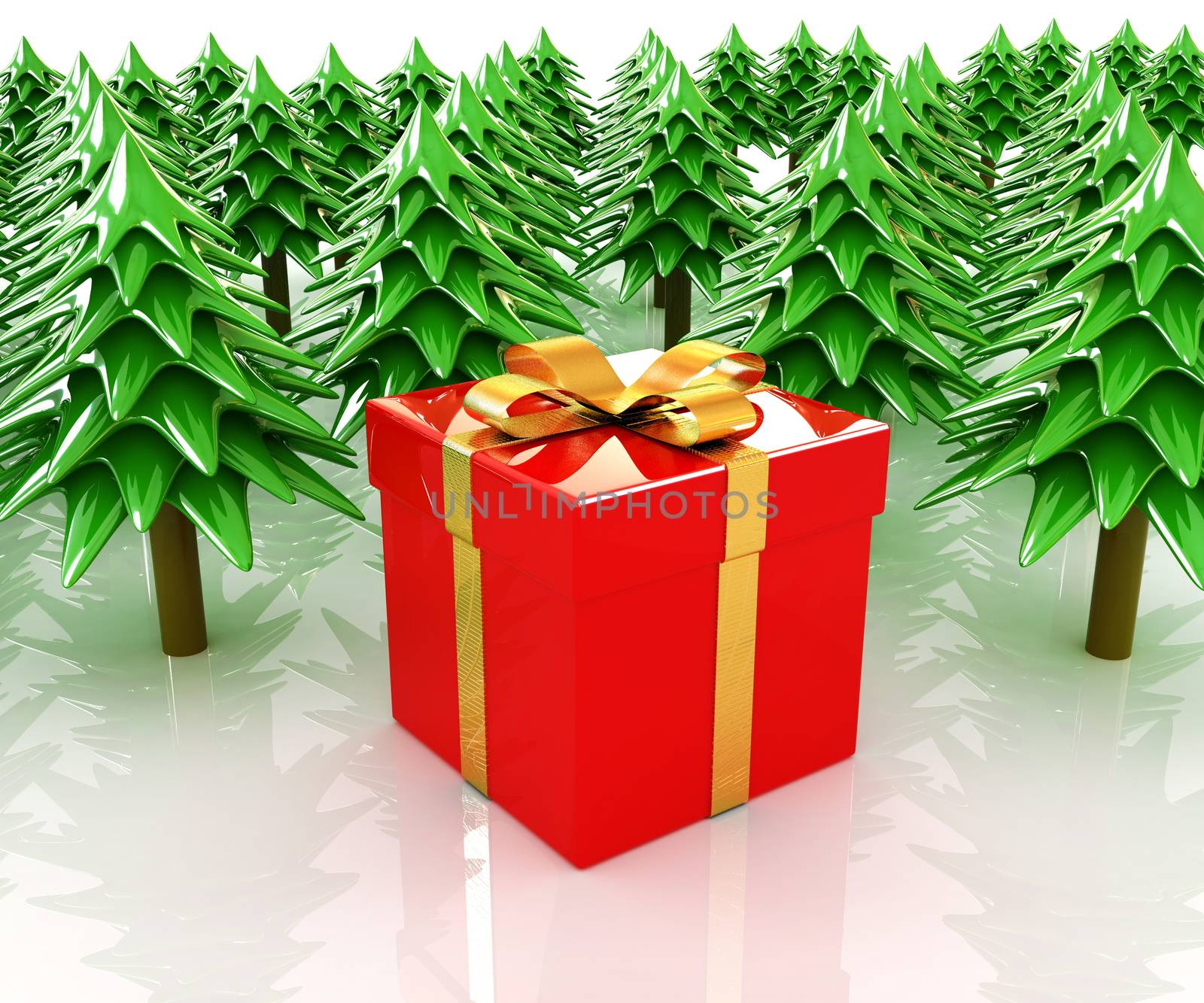 Christmas trees and gift on a white background