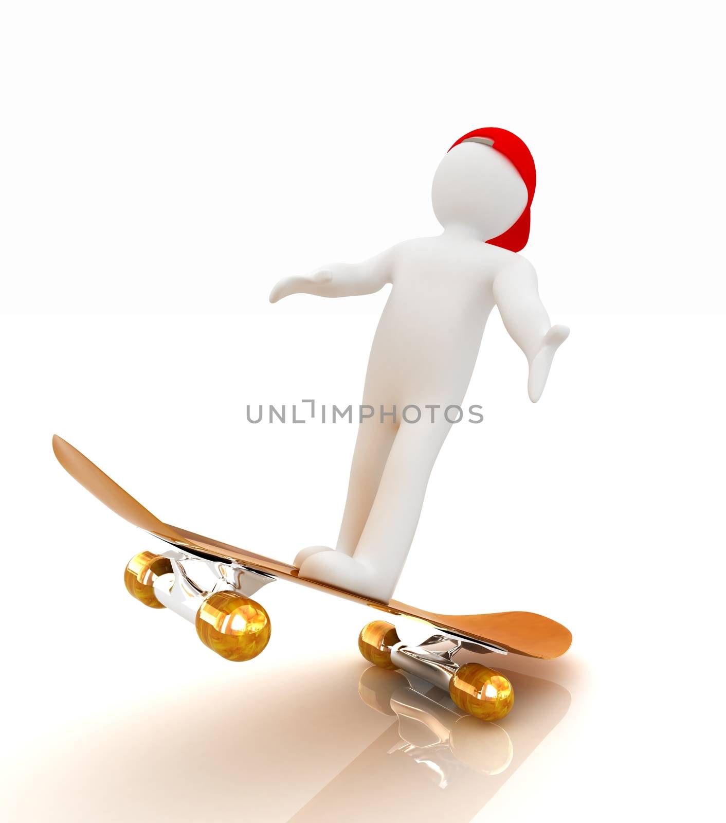 3d white person with a skate and a cap. 3d image on a white background