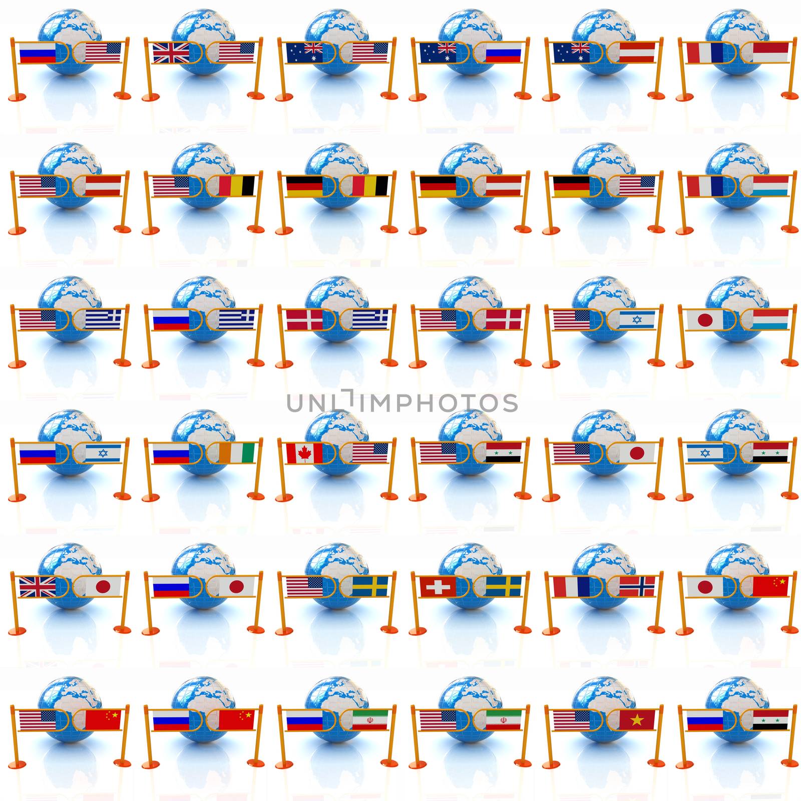Set of three-dimensional image of the flags of world on a white background 