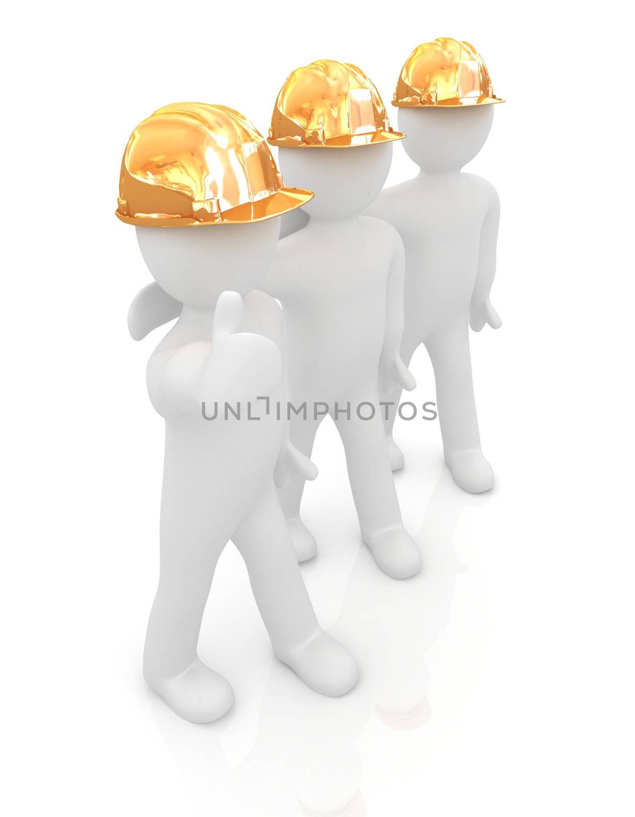 3d mans in a hard hat with thumb up. On a white background 