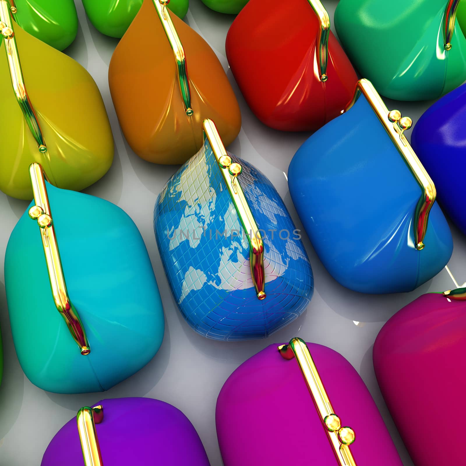Purse Earth and purses. On-line concept on a white background