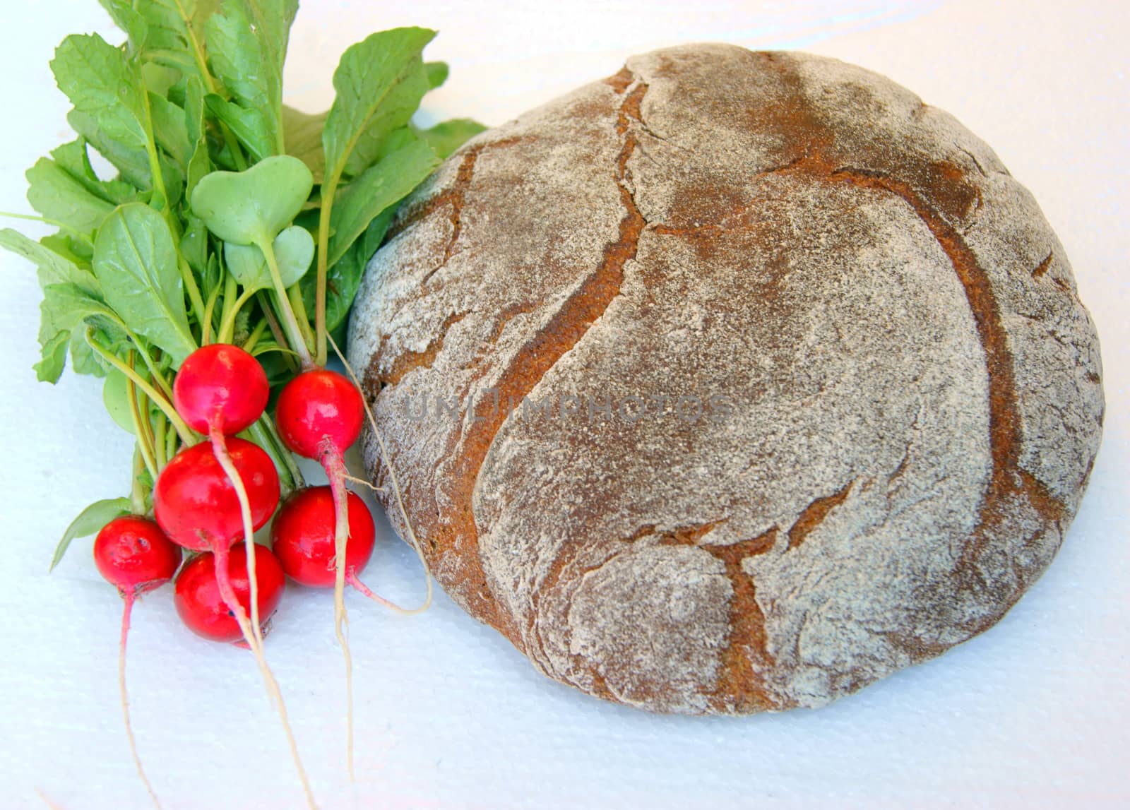 Bread and vegetables radish on white background is insulated
