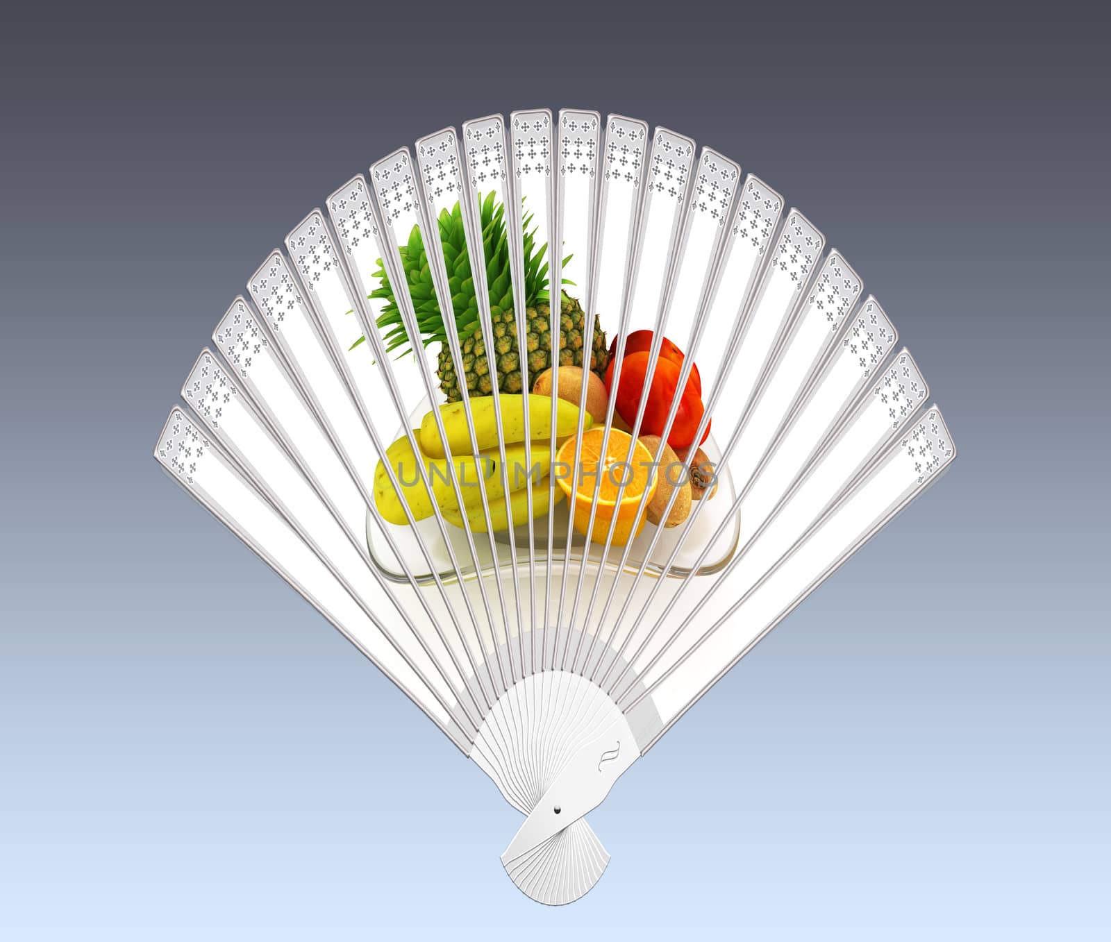 Colorful hand fan isolated on gray