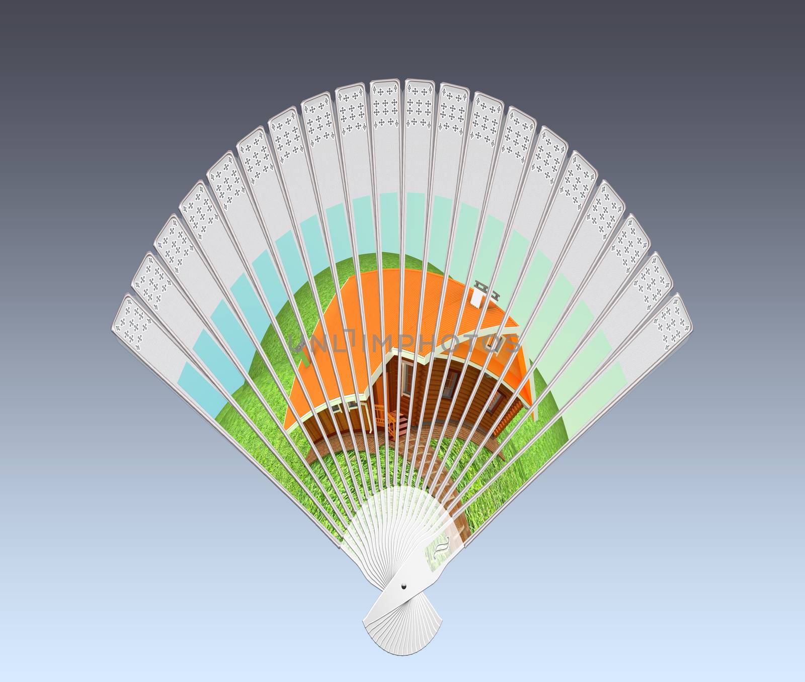 Colorful hand fan isolated on gray