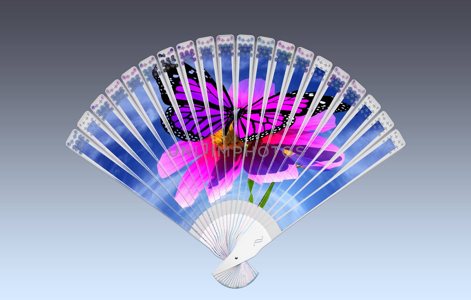 Colorful hand fan. Isolated on gray