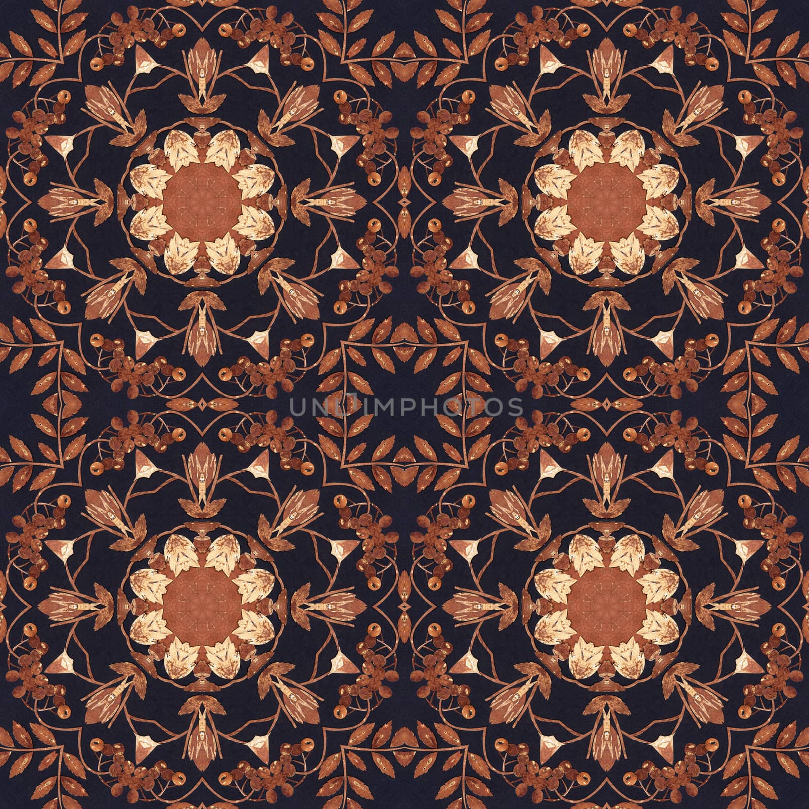 Abstract artistic pattern, seamless handmade floral ornament, applique from the back side of a birch bark on black fabric background