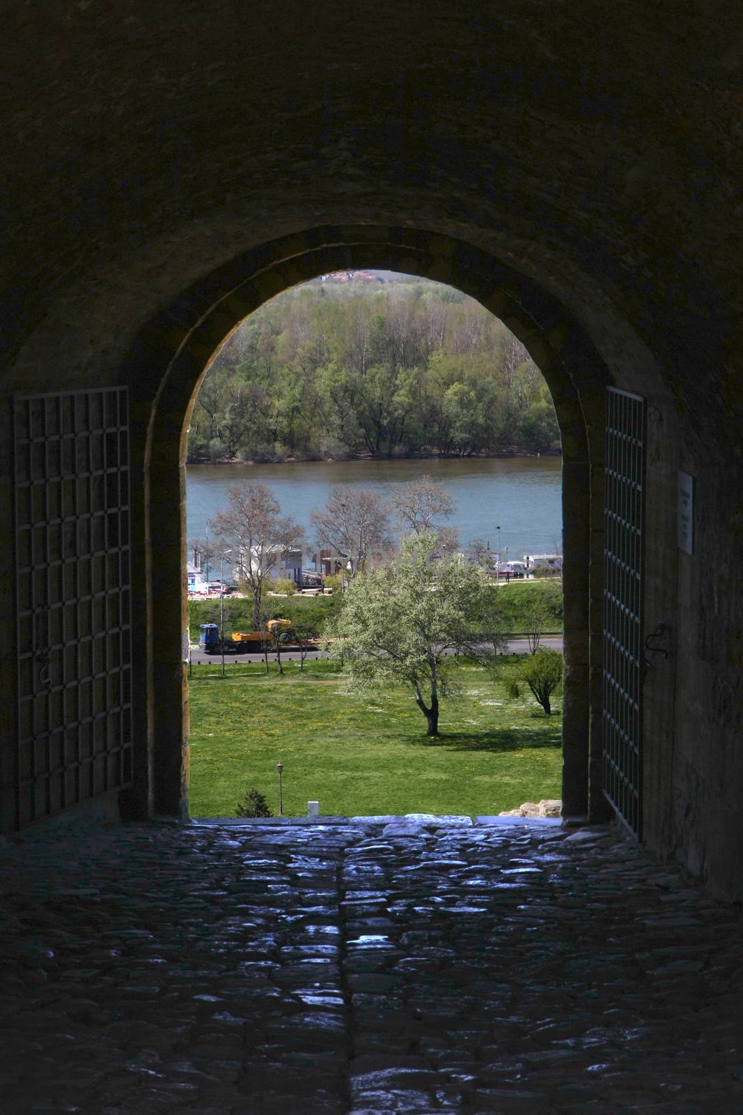View of river Danube through one of the gates of Belgrade fortress Kalemegdan,Serbia