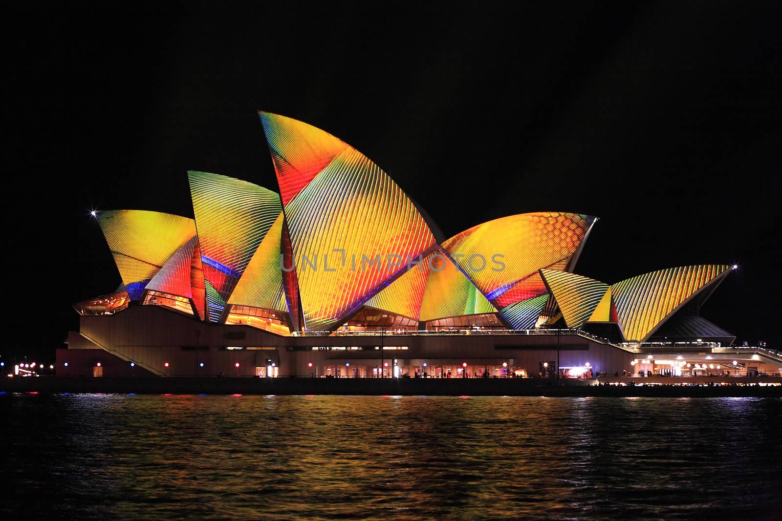 SYDNEY, AUSTRALIA - JUNE 2, 2014;  Vivid Sydney Festival, beautiful bright geometric colourful imagery projected onto the  Sydney Opera House  during Vivid  annual festival of light, music and ideas